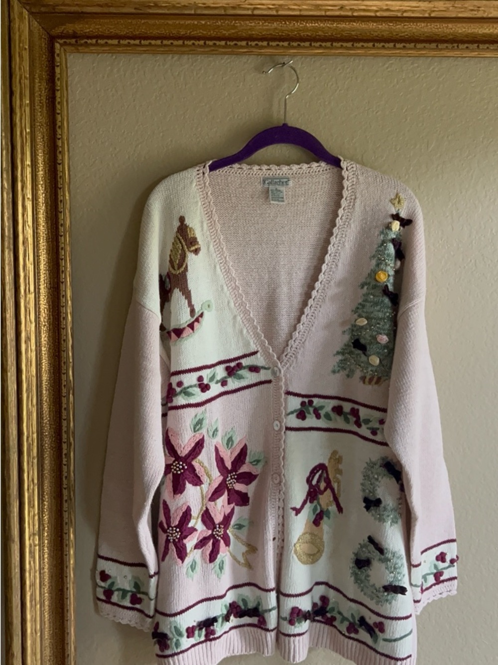 Vintage Whimsical Gallagher Pink Christmas Holiday Cardigan Sweater